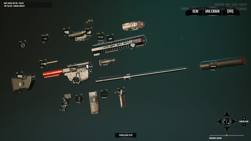 Eine Waffe aus dem Spiel, die zerlegt ist. Bild zeigt verschiedene Bauteile der Waffe, die man modifizieren kann.