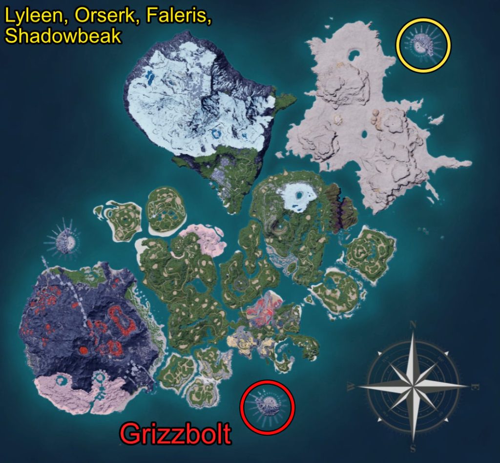 Palworld Map Location Grizzbolt, Lyleen, Orserk, Faleris, Shadowbeak