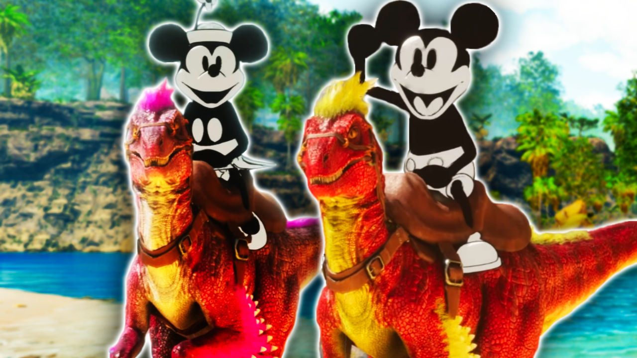 ARK Survival Ascended Micky und Minnie Maus auf Raptor