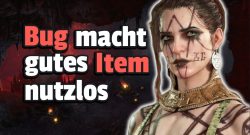 Diablo 4: Spieler erhält einen super seltenen Bogen mit den unglaublichen Werten, doch ein Bug macht ihn nutzlos - Titelbild zeigt Spielcharakter neben Text "Bug macht gutes Item Nutzlos"