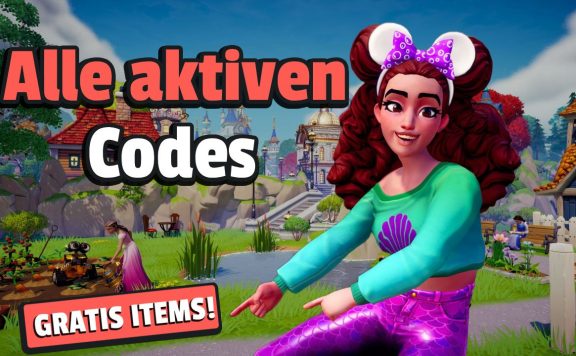 Disney Dreamlight Valley Code einlösen Titelbild mit der Aufschrift Alle Aktiven Codes, zeigt eine Frau, die auf einen Button mit der Aufschrift „Gratis Items!“ zeigt.