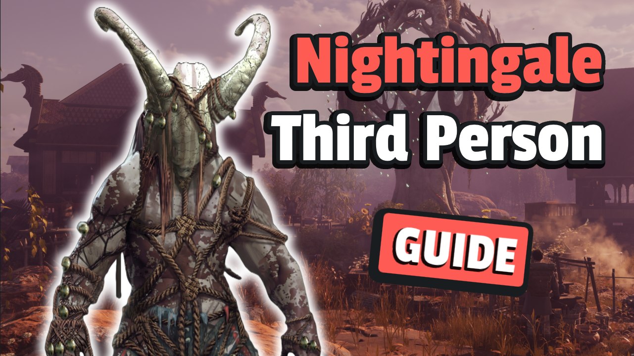 Nightingale Third Person aktivieren Titelbild zeigt Spielfigur und Aufschrift "Nightingale Third Person Guide"