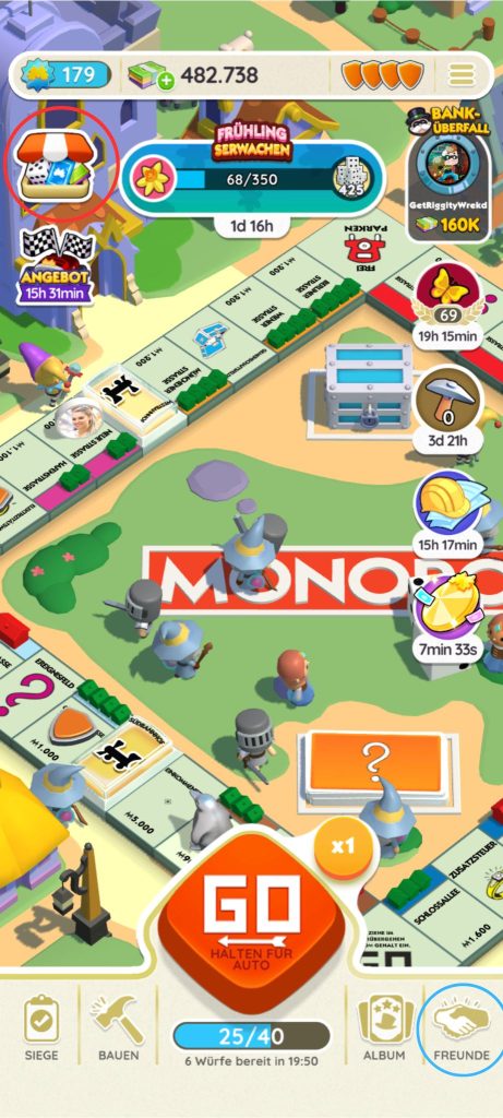 Monopoly GO! Oberfläche, die zeigt, wo es kostenlose Würfel gibt.