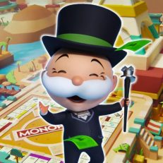 Monopoly GO Events - Alles zum aktuellen Event - Titelbild zeigt Monopolymann und Geldscheine vor Spielbrett mit Wüsten-Theme