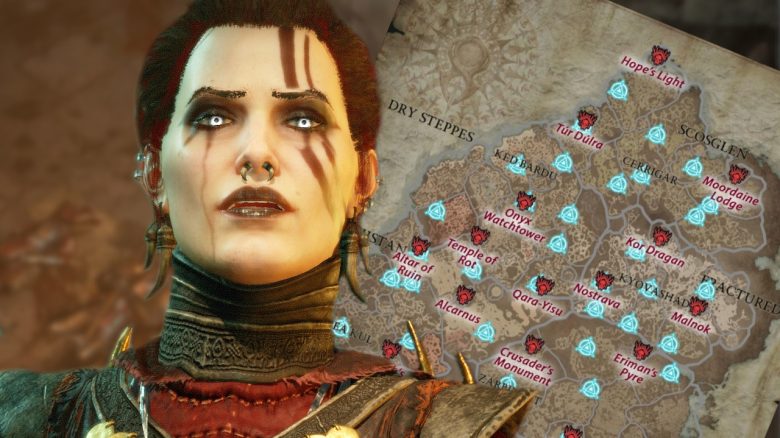 Diablo 4 Sorceress vor der Stronghold Map Titel