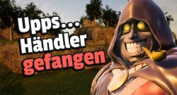 Palworld: Spieler fängt aus Versehen einen reisenden Händler mit einem unglaublichen Wurf - Titelbild zeigt Händler neben Text „Upps… Händler gefangen“