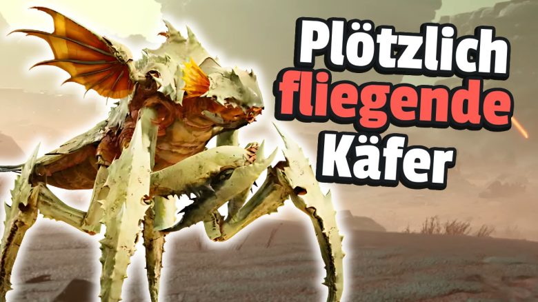Spieler finden fliegende Käfer in Helldivers 2 doch der CEO widerspricht: „Jeder weiß, dass Käfer nicht fliegen können“ - Titelbild zeigt Käfer aus dem Spiel neben Text: „Plötzlich fliegende Käfer“