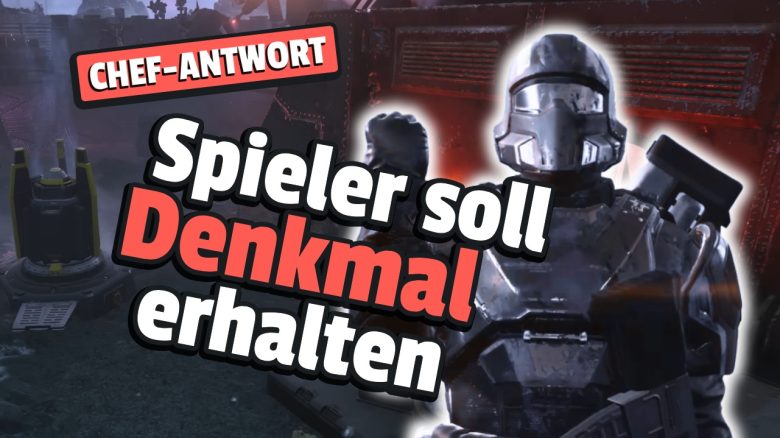 Helldivers 2: Spieler verliert seinen besten Freund, will ihn nach dem Tod ehren, sogar der Chef möchte helfen - Titelbild zeigt Spielcharakter neben Text: „Spieler soll Denkmal erhalten - Chef-Antwort“