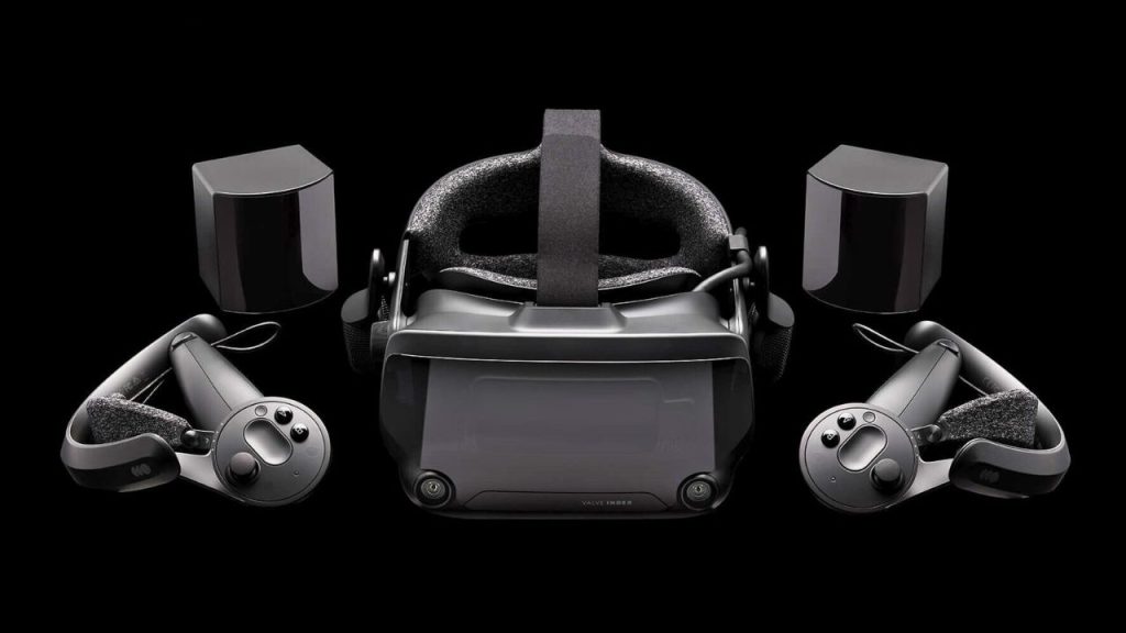 Bild zeigt Valve Index VR-Kit mit VR-Brille, Sensoren und Controllern