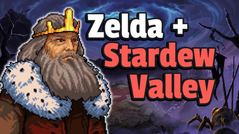 Kingsgrave auf Steam verbindet Zelda mit Stardew Valley, aber in einer ganz düsteren Welt - Titelbild zeigt Spielcharakter aus Kingsgrave neben Text: „Zelda + Stardew Valley“