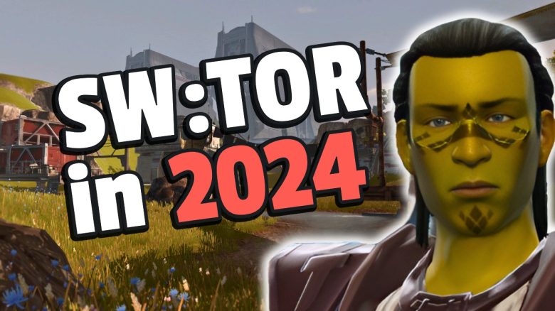 Lohnt sich Star Wars: The Old Republic im Jahr 2024? - Titelbild zeigt Spielcharakter aus SW:TOR neben Text: „SW:TOR in 2024 ?“