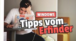 Symbolbild Frustrierter Mann am Laptop, Schrift Tipps vom Erfinder