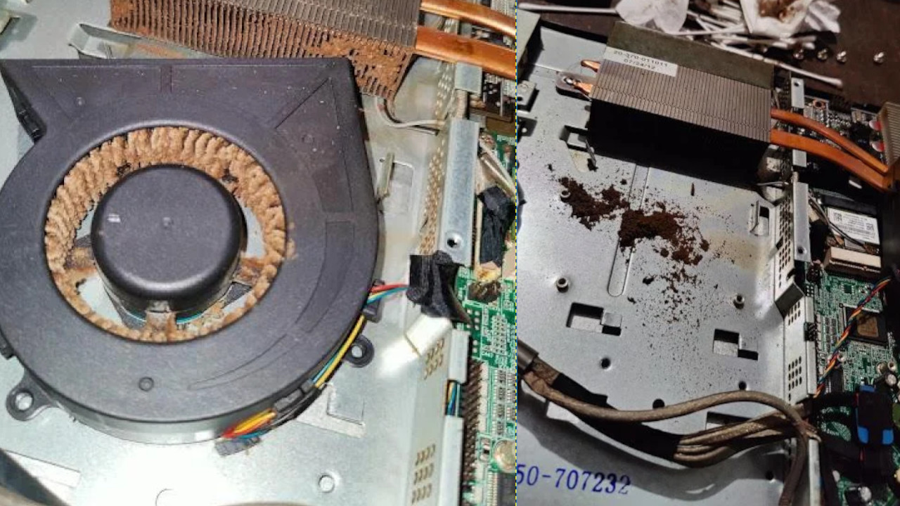 A father wonders why his PC is so slow – The son opens the PC and says that with all the dirt you can grow vegetables