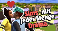 Eine neue Lebenssimulation vom XCOM-Chef-Entwickler lässt euch Drama wie in Gilmore Girls erleben - Titelbild zeigt Spielcharaktere aus die Sims, die sich küssen neben Text: „Sims mit jeder Menge Drama“