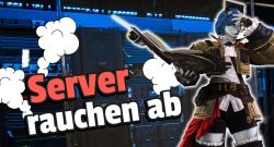 Final Fantasy XIV Die Server rauchen ab - Titelbild zeigt Spielcharakter neben rauchenden Servern und Text auf dem Bild sagt: "Server rauchen ab"