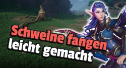 Tarisland: Die Lösung zum Ruf-Event Laufendes Schwein - Titelbild zeigt Spielcharakter aus Tarisland neben Text: „Schweine fangen leicht gemacht“