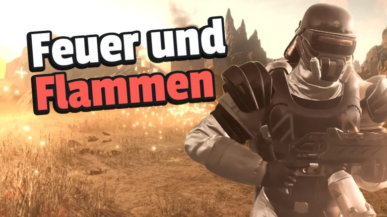 Wem der August zu kalt ist, kann in Helldivers 2 mit gleich drei Flammenwerfern auf einmal nachhelfen - Titelbild zeigt Spielcharakter neben Text: "Feuer und Flammen“