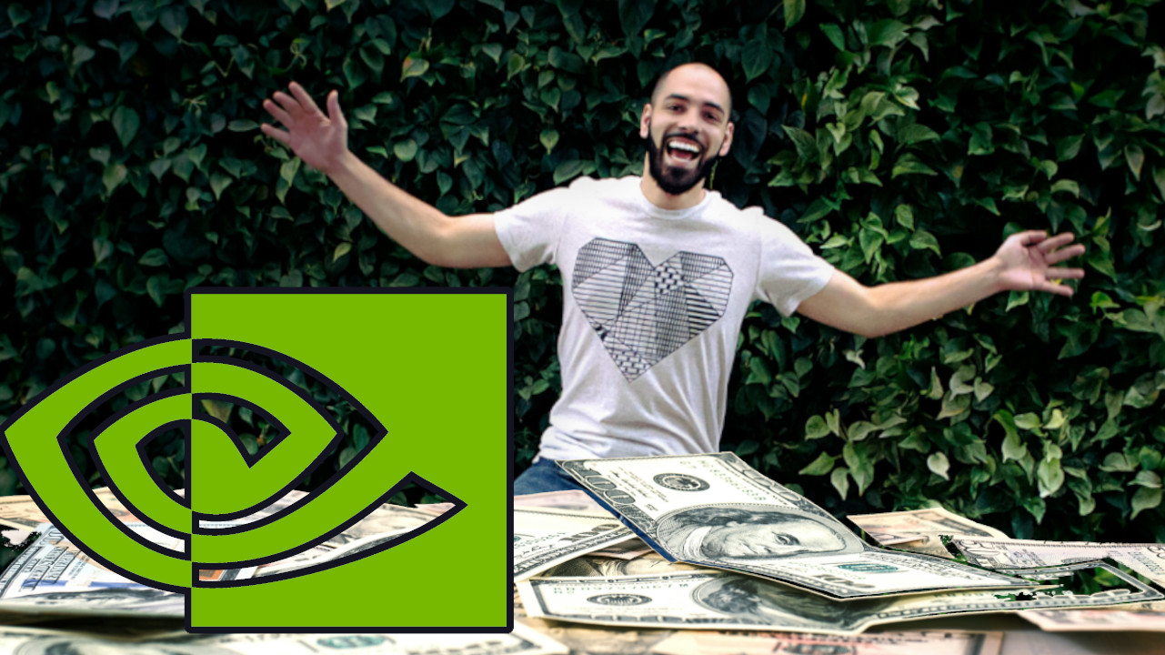 Nvidia Logo, Geldhaufen und sich freuender Mann