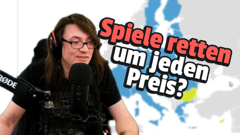 Collage: PirateSoftware vor einer EU-Karte. Text: "Spiele retten um jeden Preis?"