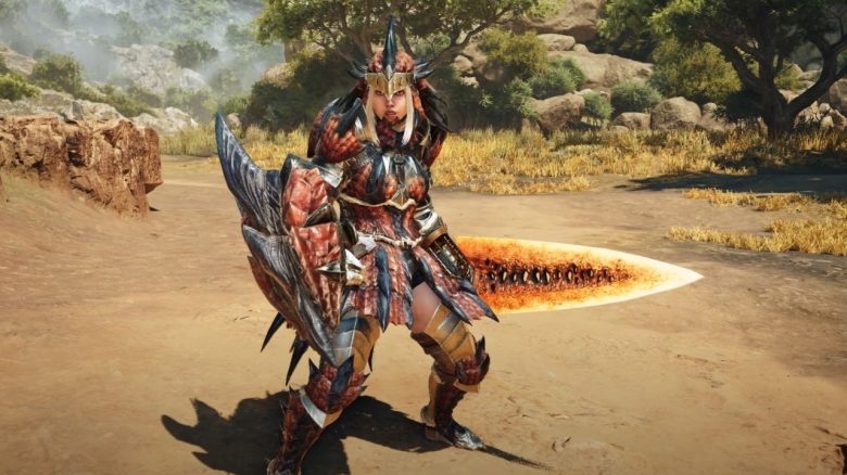 Ein Screenshot aus Monster Hunter Wilds, der eine Jägerin mit Schwert & Schild zeigt