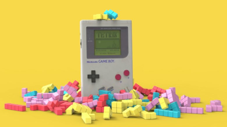 Gameboy mit Tetris-Blöcken