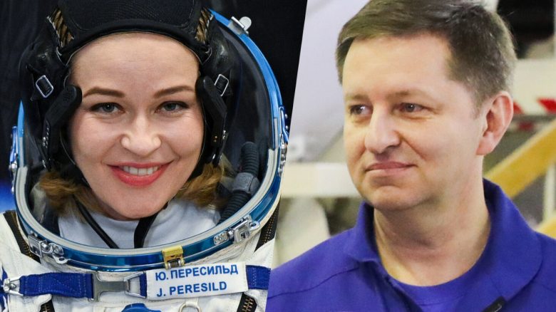 Schauspielerin Yulia Peresild und Kosmonaut Andrey Babkin Ramil Sitdikov/RIA Novosti and Sergey Karpukhin/TASS