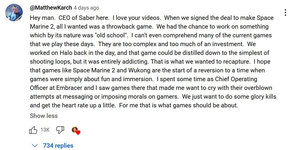 Space Marine CEO Kommentar auf YouTube