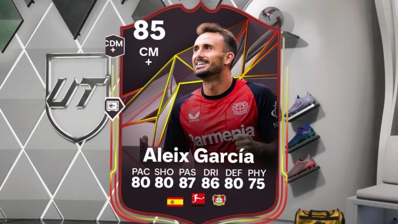 Titel EA FC 25 Aleix Garcia World Tour SBC Karte mit Ratings in der Umkleidekabine