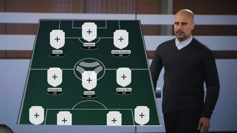 Titel FC 25 Guardiola schaut in seinem Büro auf den Squad Builder