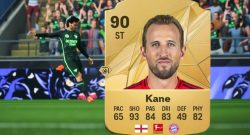 Titel FC 25 Kanes Goldkarte und Griezmann in der Schussbewegung