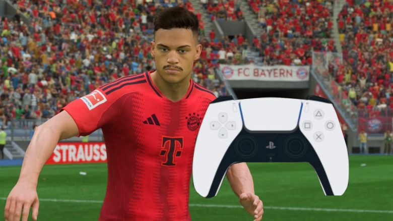 Titel EA FC 25 Joshua Kimmich FC Bayern starrt auf einen PS5 Controller