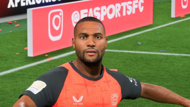 Titel EA FC 25 Verteidiger Jonathan Tah von Bayer Leverkusen guckt ungläubig mit ausgebreiteten Armen