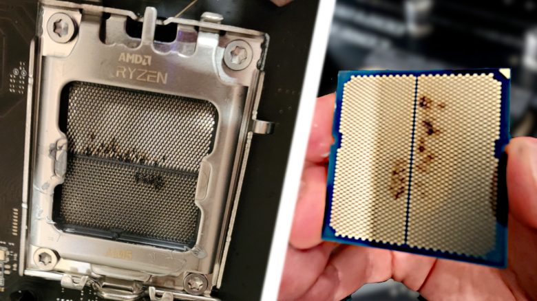 CPU Sockel und CPU mit verbrannten Pins