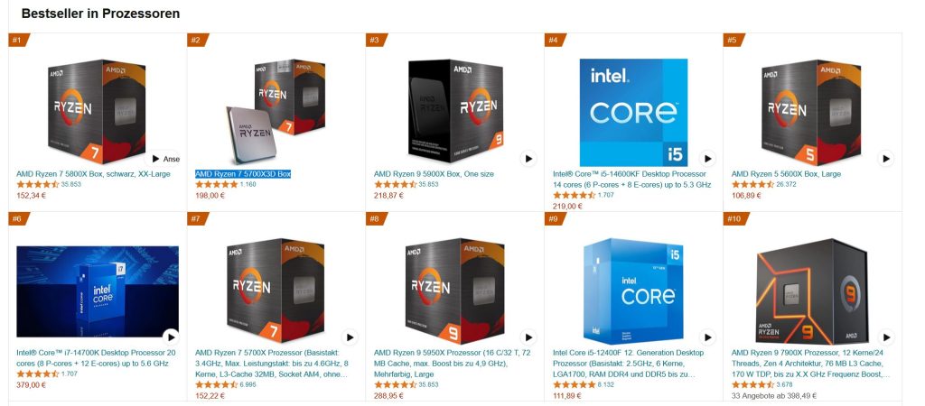 CPU Bestsellers AMD and Intel Amazon Germany