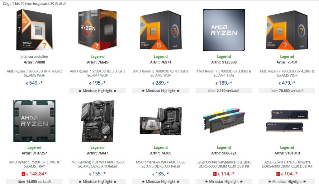 CPU Bestsellers AMD and Intel Mindfactory
