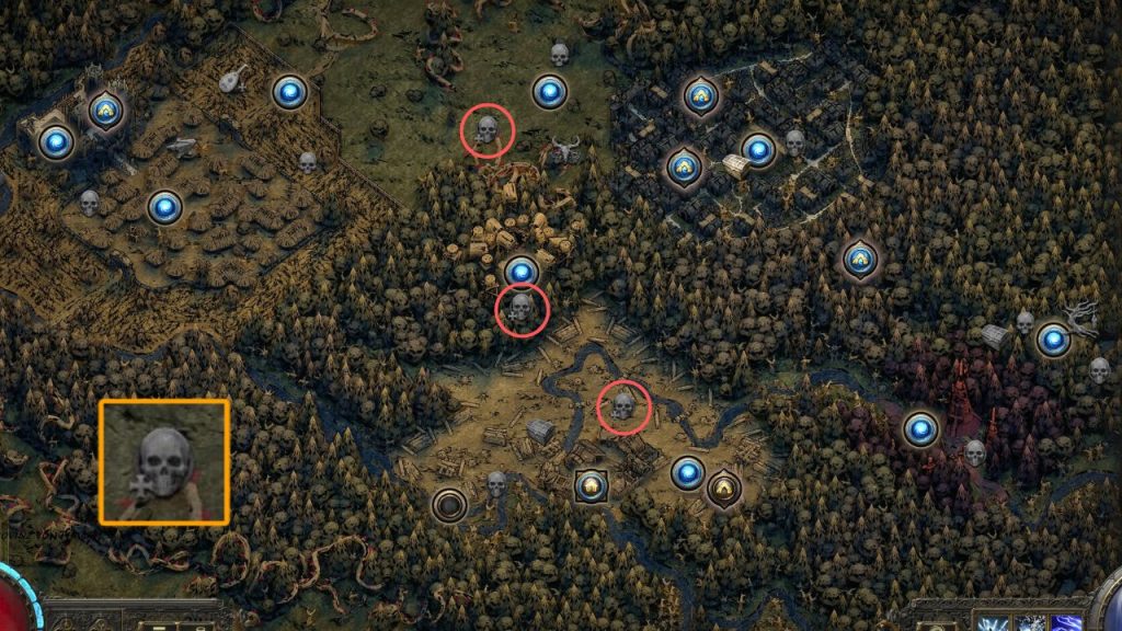 A map of Act 1 from Path of Exile 2, highlighting bosses with permanent buffs.