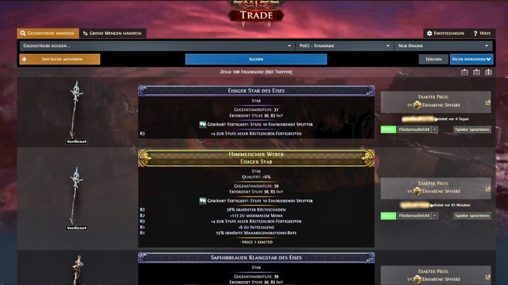 Path of Exile 2 Trade - trading page with filtered items