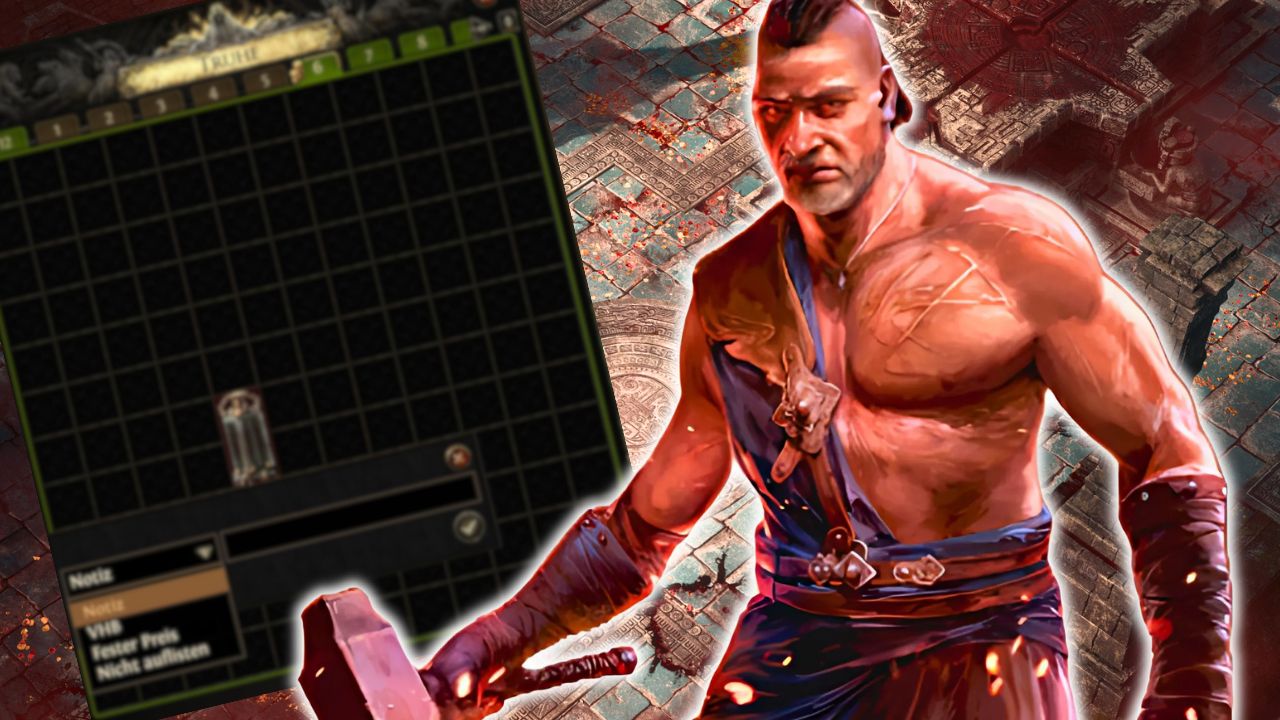 Path of Exile 2 Trade: So bekommt ihr eure Wunsch-Items ohne Grind - Titelbild zeigt Mann mit Hammer und Kisteninterface