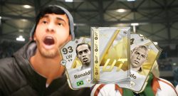 Titel EA FC 25 Zuschauer brüllt auf das Spielfeld, neben ihm erscheinen Ronaldo und Ronaldinho aus einem Pack