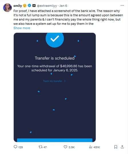 ExtraEmily repayment tweet screenshot