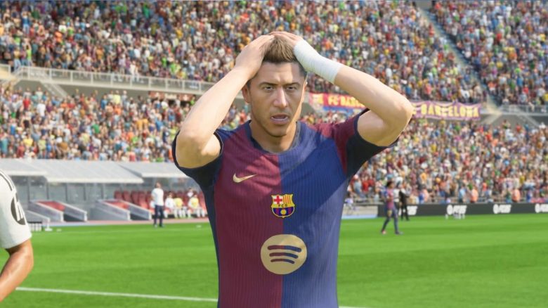 Titel EA FC 25 Lewandowski schlägt sich fassungslos die Hände über dem Kopf zusammen