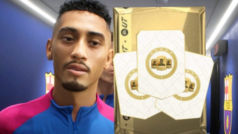 Titel EA FC 25 Raphinha in den Kabinengängen des FC Barcelona mit einer Auswahl an Spielerpacks