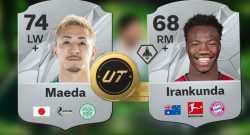 Titel EA FC 25 Silberkarten von Maeda und Irankunda umgeben einen Münzstapel