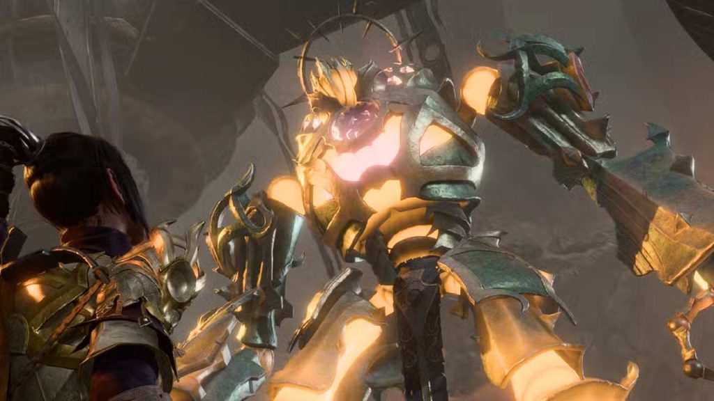 Shadowheart stands before the guardian of the Adamantine Forge