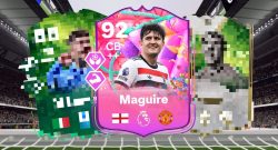 Titel EA FC 25 FUT Birthday Maguire wird von 2 verpixelten Karten umgeben