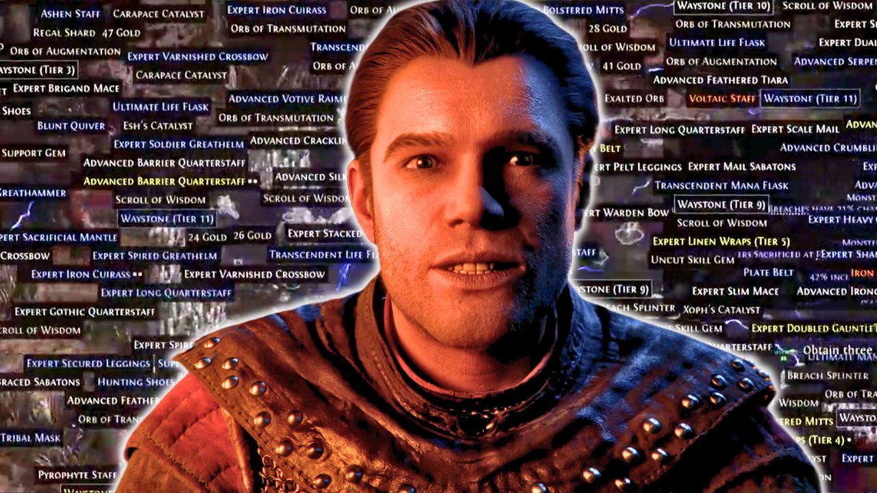 Mit dem neuen Patch von Path of Exile 2 wollen die Entwickler endlich die größte Schwäche angehen - Titelbild zeigt Spielcharakter, der erschrocken vor einem Haufen Items herblickt