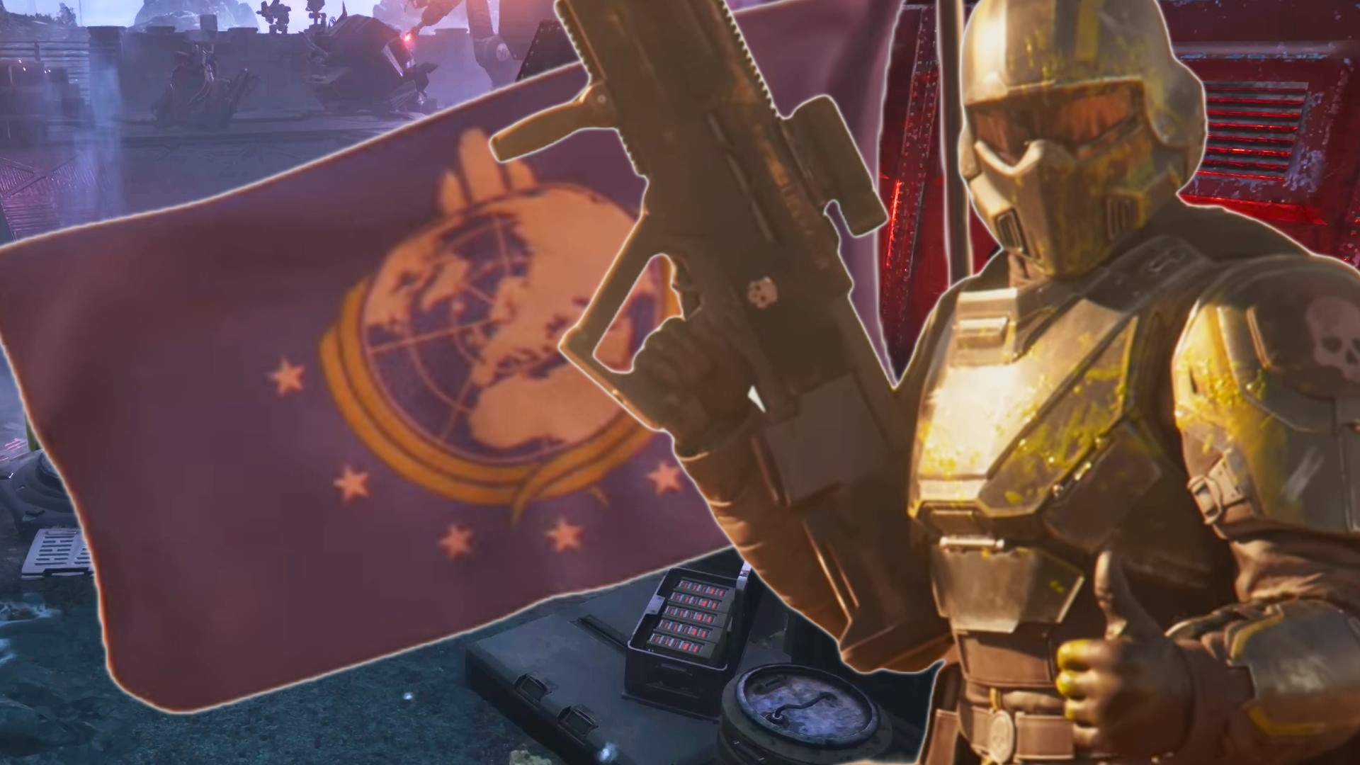 Spieler hisst die Flagge von Helldivers 2 vor seinem Haus, bekommt ein Geschenk von einem anderen Soldaten von Über-Erde