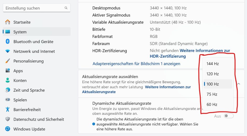 Windows 11 Select refresh rate