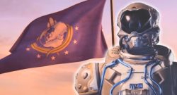 In Helldivers 2 nutzen fiese Verräter die glorreiche Flagge von Über-Erde als Waffe, um Verbündete zurück aufs Raumschiff zu befördern - Titelbild zeigt Spielcharakter