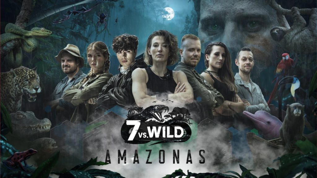 Titelbilder der neuen Staffel 7 vs. Wild Amazonas mit den Darstellern und einer noch nicht identifizierten Person.